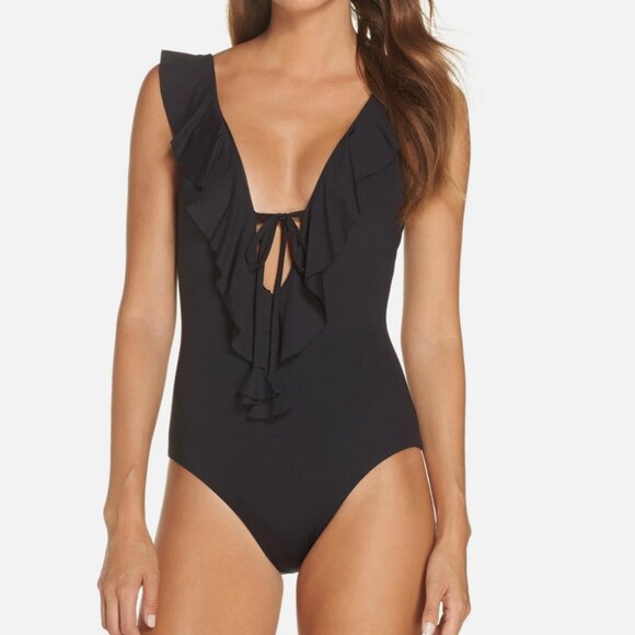 Becca Socialite Swimsuit One Piece V-Neck Ruffled Plunging Black New Size Small - Picture 1 of 12